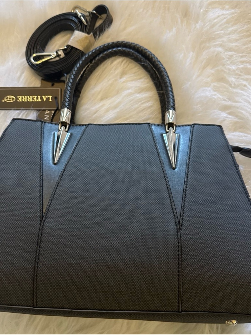 La Terre Black Structured Satchel with Braided Handles